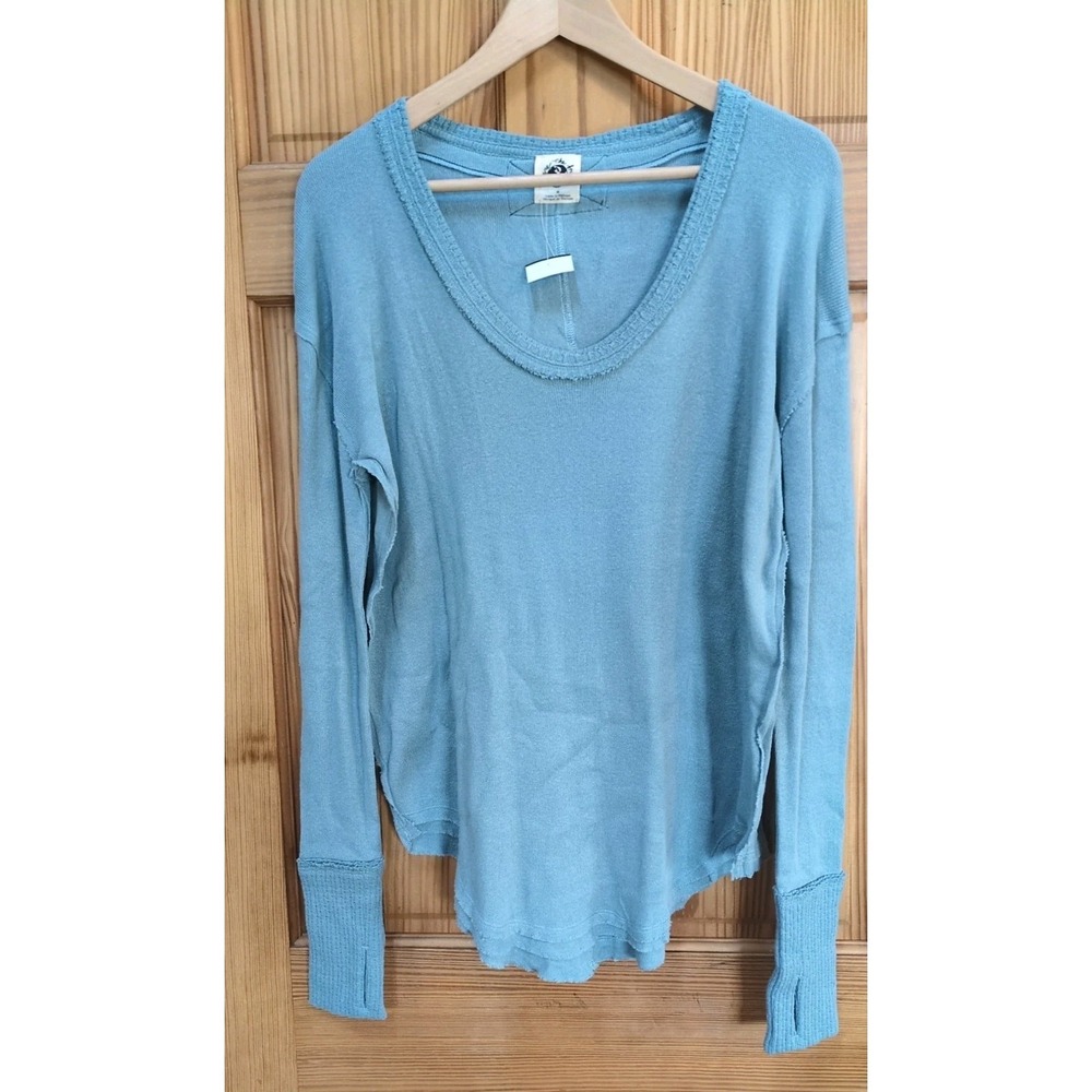 NEW Free People Top Sz M Colby Long Sleeve Thumbholes Blue Slouchy Tunic Relax